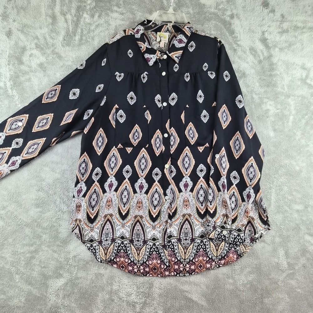 Fig And Flower Tunic Shirt Womens XL Black Paisley Boho Button Up Long Sleeve